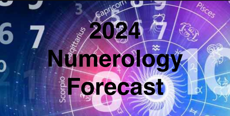 floating numbers and astrology wheel in outer space reading 2024 Numerology Forecast
