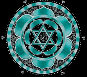 Throat Chakra Mandala in hues of light blue with a star in the middle.