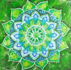 Heart Chakra Mandala of Emerald, Green, and lime, with hints of white and blue used for meditation, opening the heart and tapping into love.